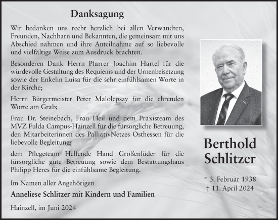 Traueranzeige von Berthold Schlitzer von FZ