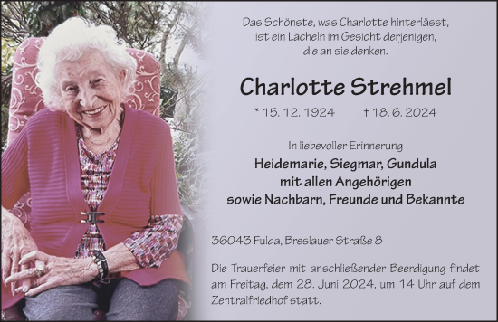 Traueranzeige von Charlotte Strehmel von FZ