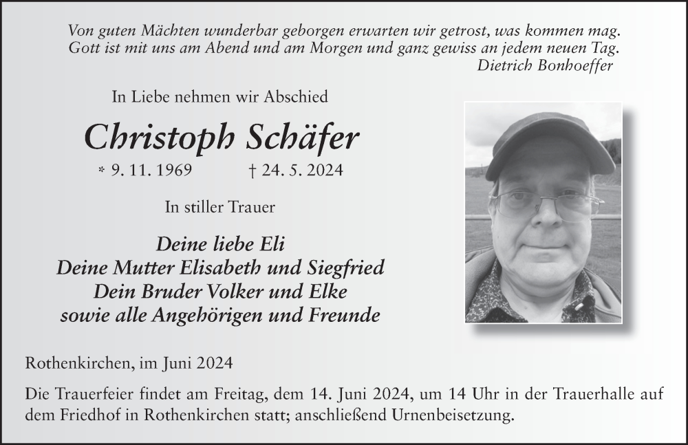  Traueranzeige für Christoph Schäfer vom 11.06.2024 aus FZ