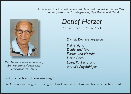 Traueranzeige von Detlef Herzer von FZ