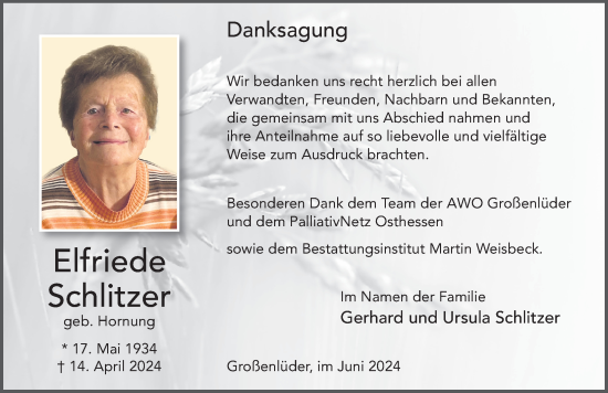 Traueranzeige von Elfriede Schlitzer von FZ