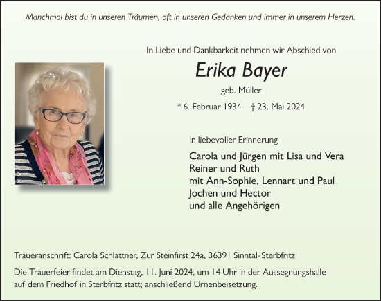 Traueranzeige von Erika Bayer von FZ