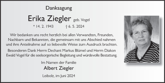 Traueranzeige von Erika Ziegler von FZ