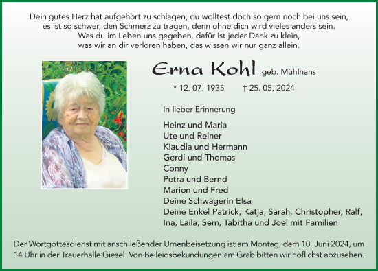 Traueranzeige von Erna Kohl von FZ