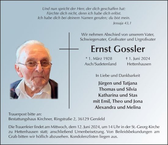 Traueranzeige von Ernst Gossler von FZ