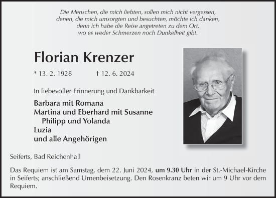 Traueranzeige von Florian Krenzer von FZ