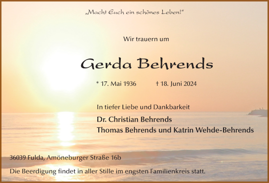 Traueranzeige von Gerda Behrends von FZ