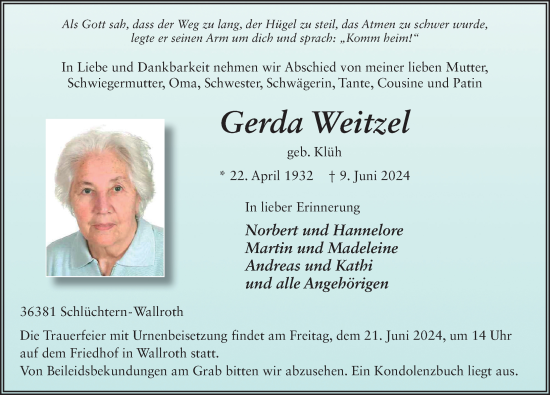 Traueranzeige von Gerda Weitzel von FZ