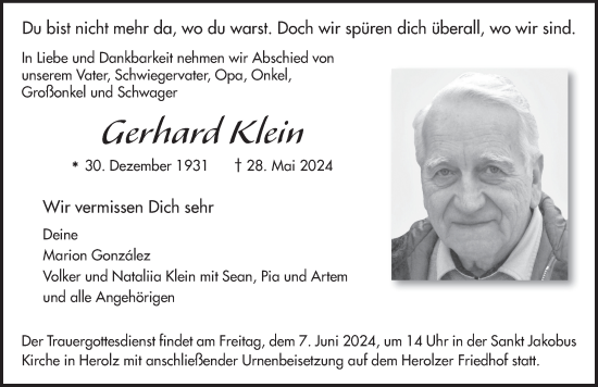 Traueranzeige von Gerhard Klein von FZ