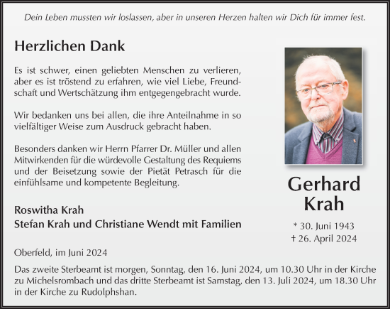 Traueranzeige von Gerhard Krah von FZ