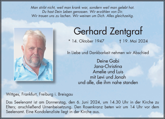 Traueranzeige von Gerhard Zentgraf von FZ