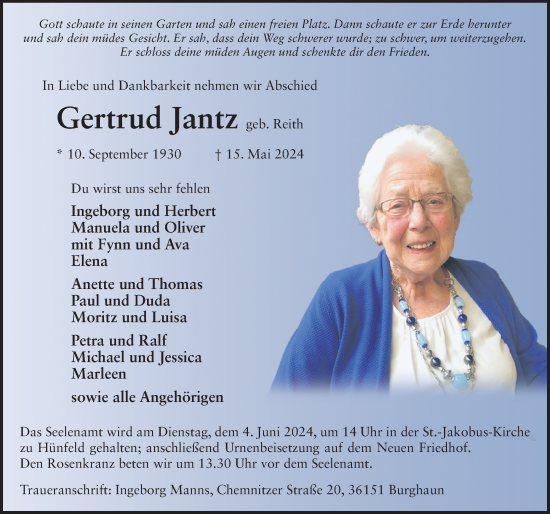 Traueranzeige von Gertrud Jantz von FZ