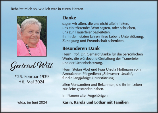 Traueranzeige von Gertrud Will von FZ