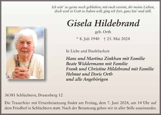 Traueranzeige von Gisela Hildebrand von FZ