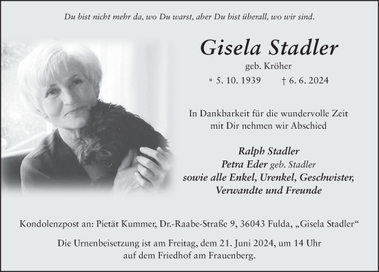 Traueranzeige von Gisela Stadler von FZ