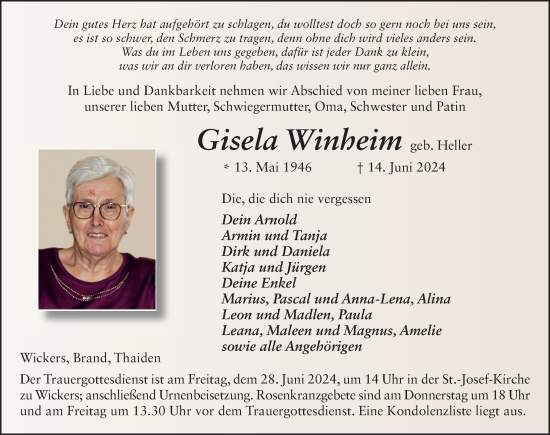 Traueranzeige von Gisela Winheim von FZ