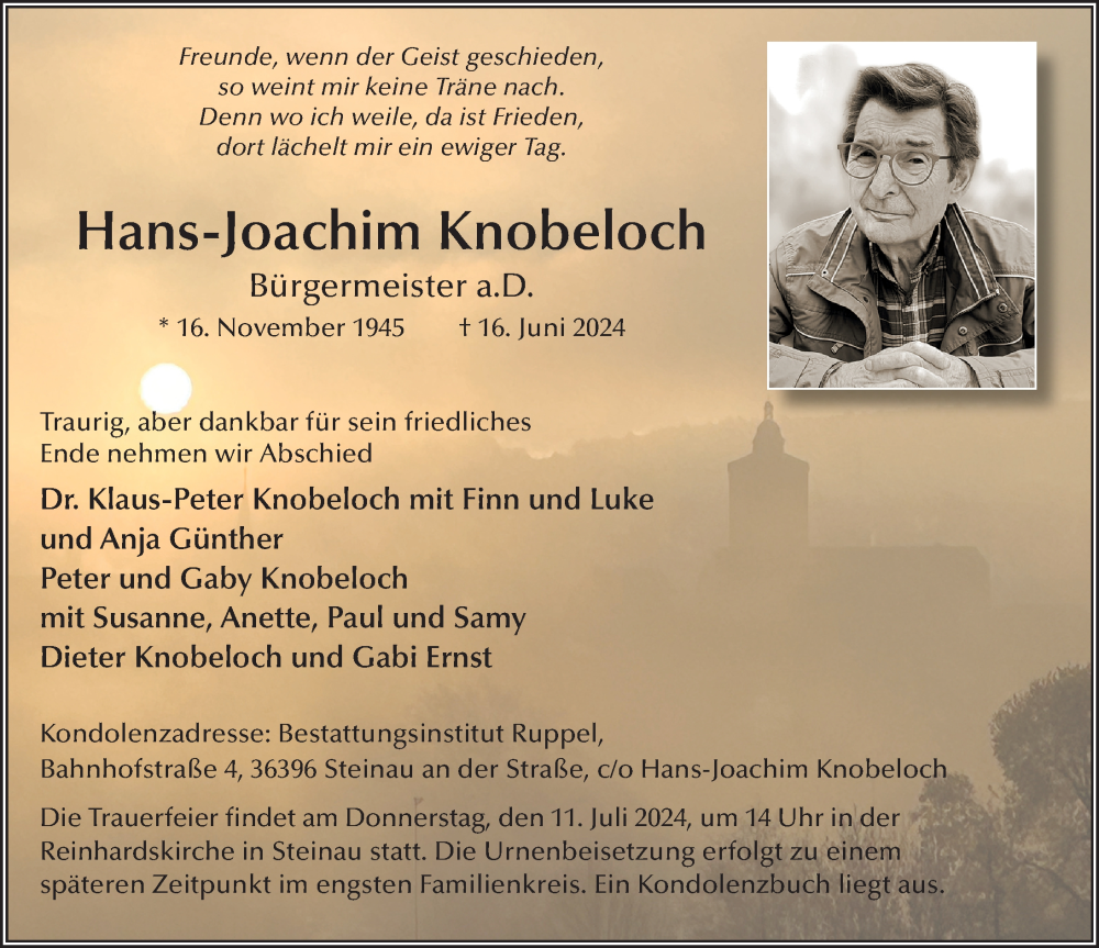  Traueranzeige für Hans-Joachim Knobeloch vom 29.06.2024 aus FZ