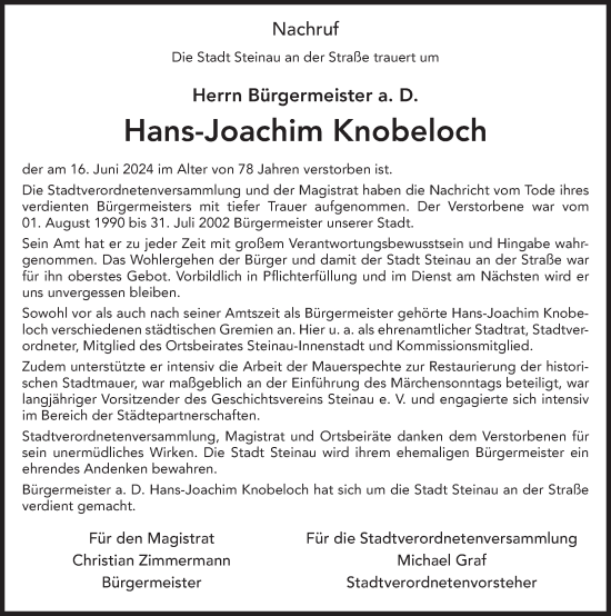 Traueranzeige von Hans-Joachim Knobeloch von FZ