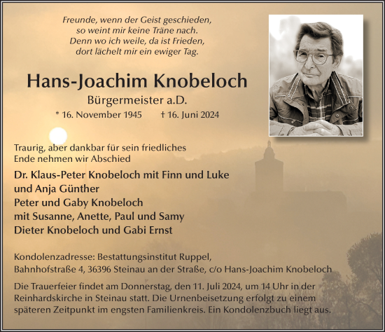 Traueranzeige von Hans-Joachim Knobeloch von FZ