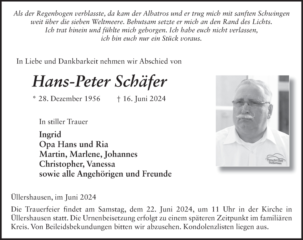  Traueranzeige für Hans-Peter Schäfer vom 20.06.2024 aus FZ