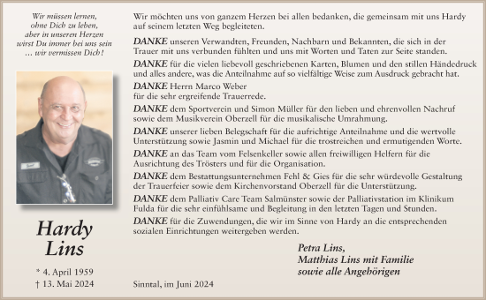 Traueranzeige von Hardy Lins von FZ