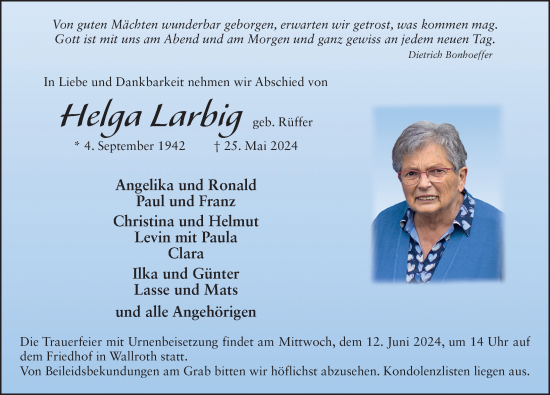 Traueranzeige von Helga Larbig von FZ