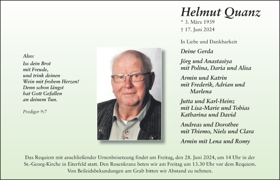 Traueranzeige von Helmut Quanz von FZ