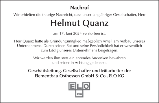 Traueranzeige von Helmut Quanz von FZ
