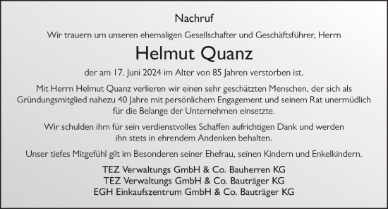 Traueranzeige von Helmut Quanz von FZ