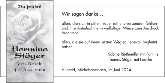 Traueranzeige von Hermine Stöger von FZ