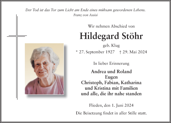 Traueranzeige von Hildegard Stöhr von FZ