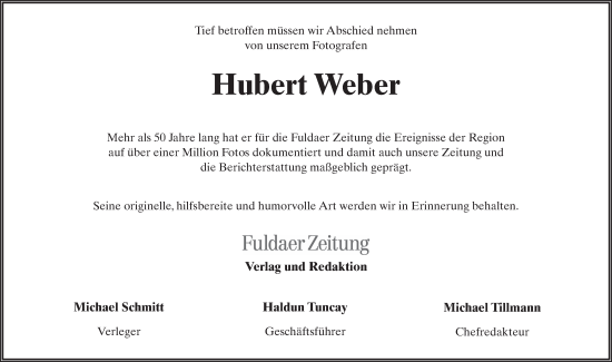 Traueranzeige von Hubert Weber von FZ