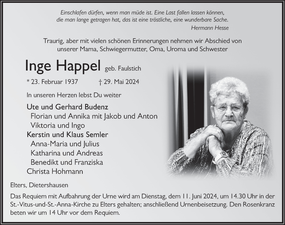  Traueranzeige für Inge Happel vom 06.06.2024 aus FZ
