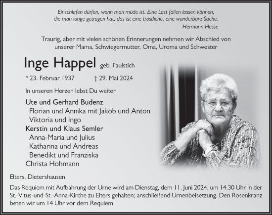 Traueranzeige von Inge Happel von FZ