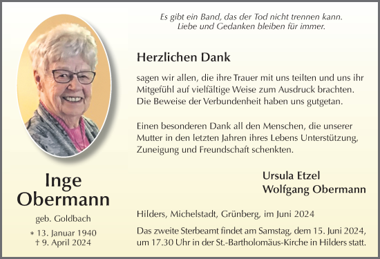 Traueranzeige von Inge Obermann von FZ