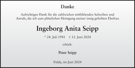 Traueranzeige von Ingeborg Anita Seipp von FZ
