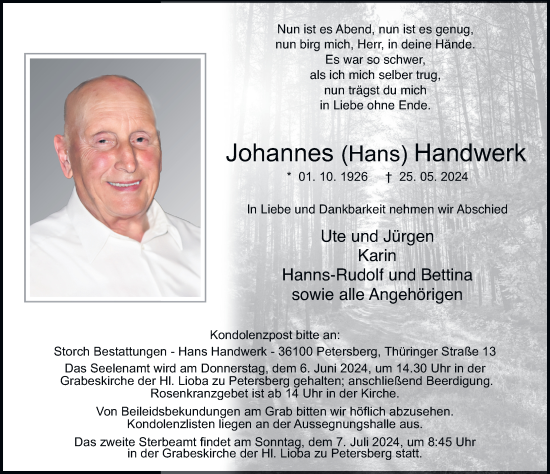 Traueranzeige von Johannes Handwerk von FZ