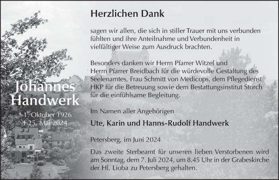 Traueranzeige von Johannes Handwerk von FZ
