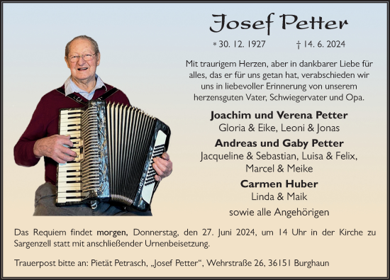 Traueranzeige von Josef Petter von FZ