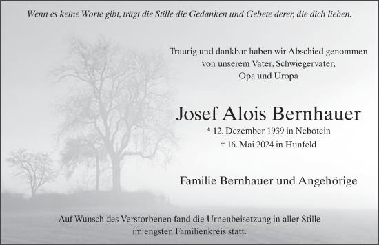 Traueranzeige von Josef Alois Bernhauer von FZ