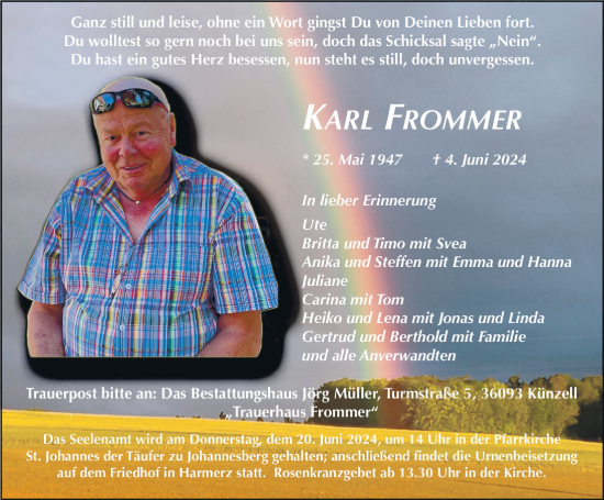 Traueranzeige von Karl Frommer von FZ