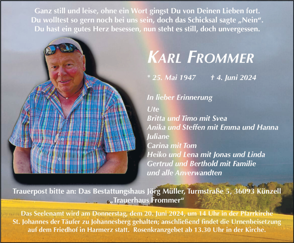  Traueranzeige für Karl Frommer vom 15.06.2024 aus FZ