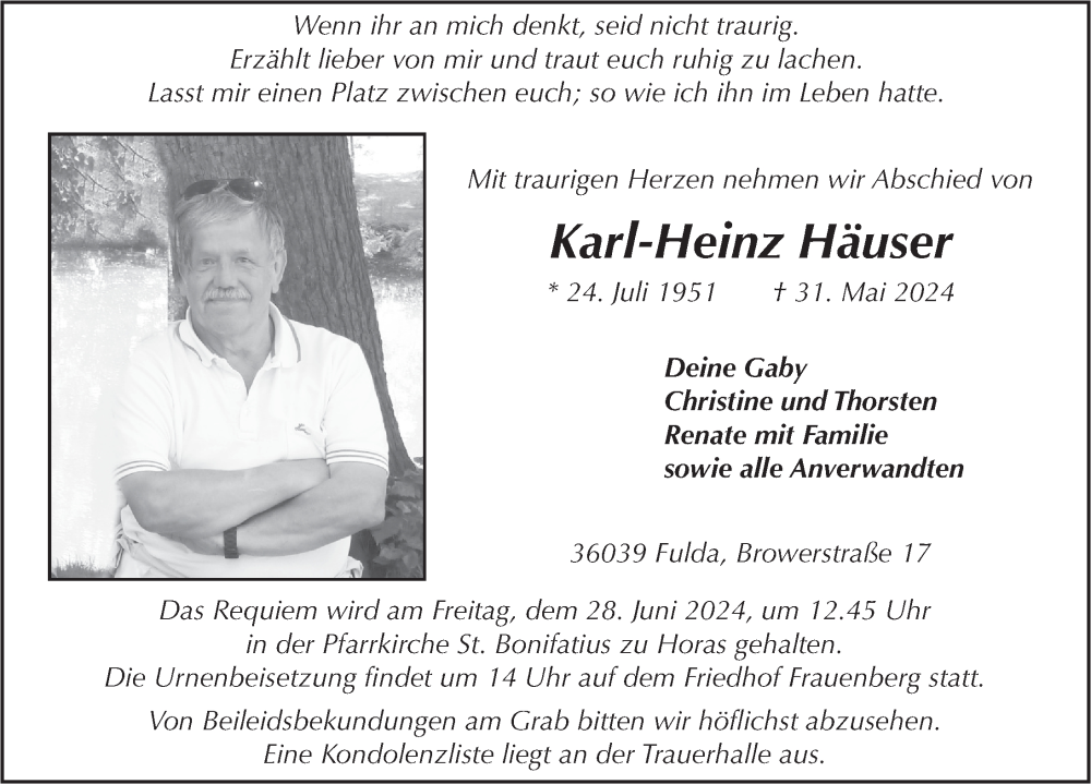  Traueranzeige für Karl-Heinz Häuser vom 24.06.2024 aus FZ