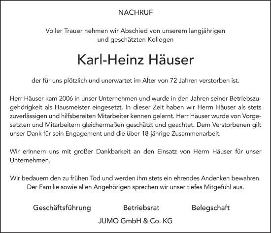 Traueranzeige von Karl-Heinz Häuser von FZ