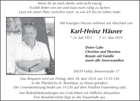 Traueranzeige von Karl-Heinz Häuser von FZ