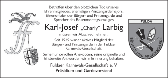 Traueranzeige von Karl-Josef Larbig von FZ