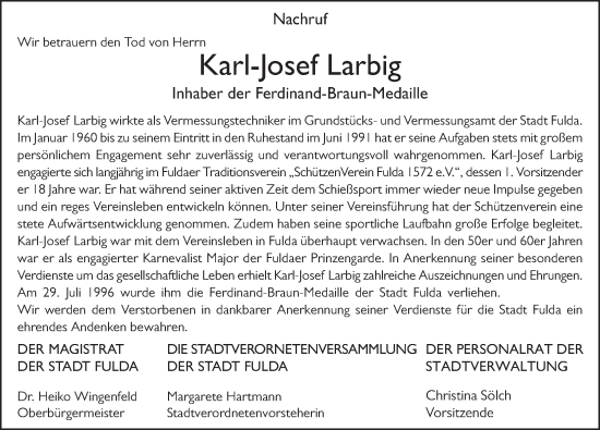 Traueranzeige von Karl-Josef Larbig von FZ