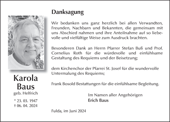 Traueranzeige von Karolina Baus von FZ