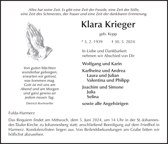 Traueranzeige von Klara Krieger von FZ