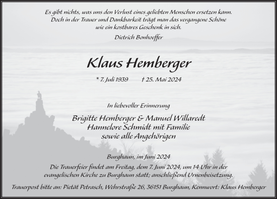 Traueranzeige von Klaus Hemberger von FZ
